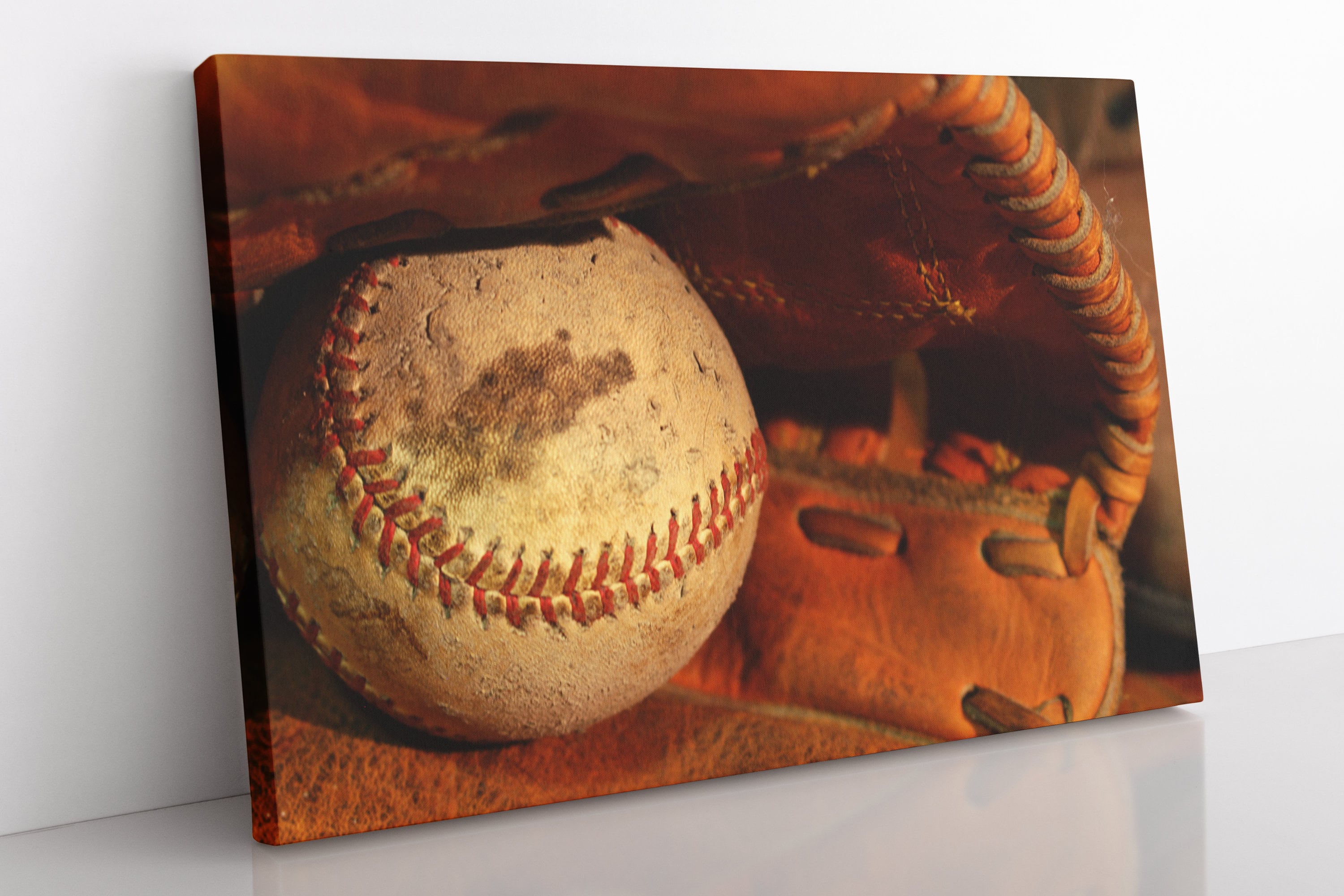 Framed Baseball Canvas Art: Vintage Ball & Glove Print