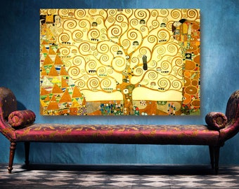 May include: A painting of a tree with swirling branches and golden leaves. The tree is surrounded by two figures, one on each side. The painting is in a gold frame and is hanging on a blue wall.