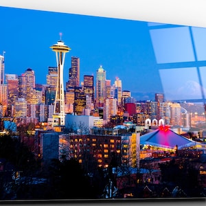 Seattle Cityscape Acrylic Glass Wall Art, Large High Gloss Seattle Skyline Home Decor Wall Art, Ready To Hang Skyline Print On Glass.