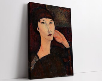 May include: A painting of a woman with short dark hair, wearing a dark dress. Her hand rests on her chin, and she looks directly at the viewer. The background is a dark red and brown.
