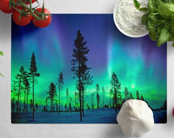 Planche à découper en verre trempé Aurora Borealis, cadeau déco cuisine
