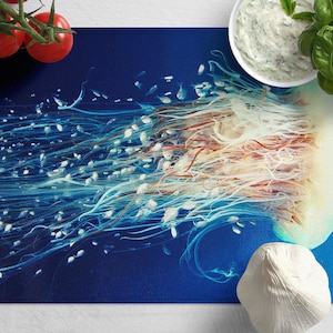 Jelly Fish Tempered Glass Chopping Board, Jelly Fish Placemat Aesthetic Kitchen Decor, Glass Cutting Board Housewarming Gift.