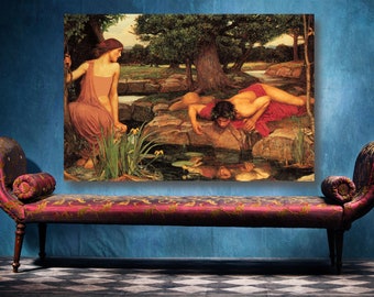 May include: A painting depicting a woman standing in a forest by a stream, looking at a man lying on the ground, looking into the water. The man is wearing a red robe and the woman is wearing a pink robe.
