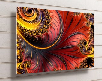 Op de afbeelding: Abstracte kunstprint met draaiende patronen in tinten rood, oranje, geel en zwart.