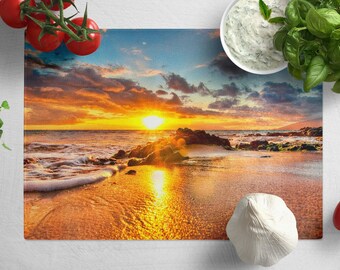 Planche à découper en verre trempé Ocean Sunset : déco de cuisine de plage