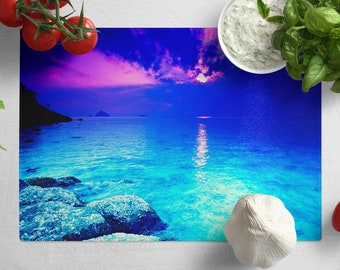 Planche à découper en verre trempé, coucher de soleil sur la plage, décoration de cuisine esthétique