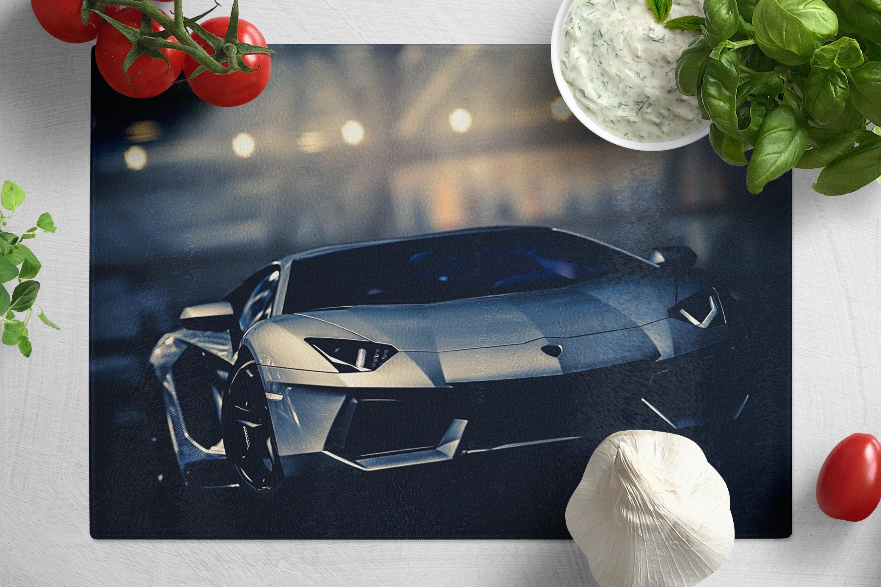 Lamborghini Supercar Tempered Glass Chopping Board, Sports Car Placemat Aesthetic Kitchen Decor, Glass Cutting Board Housewarming Gift.