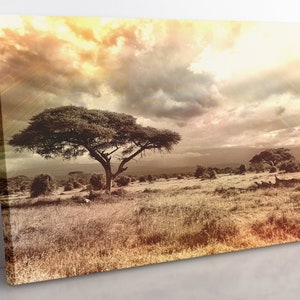 African Savannah Sunset Canvas Wall Art, Large Framed African Landscape Print Home Decor Wall Art, Aesthetic Room Decor, African Art Print.