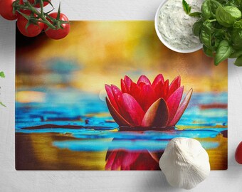 Planche à découper en verre trempé fleur de lotus, décoration florale pour cuisine
