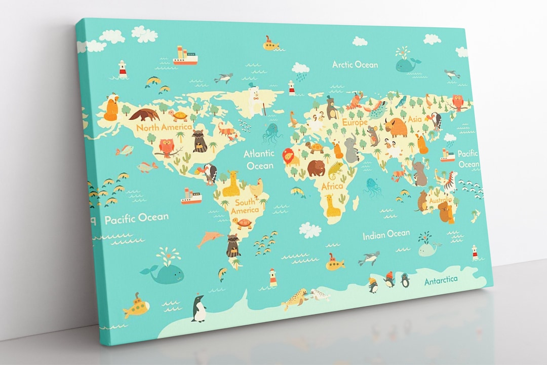 World Map for Kids Canvas Wall Art, Framed Children's Atlas Home Decor ...