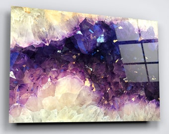 Arte de parede em acrílico com geodo de ametista: impressão moderna de alto brilho