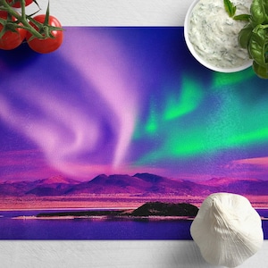 Aurora Borealis Tempered Glass Chopping Board, Nature Landscape Glass Placemat Aesthetic Kitchen Decor, Glass Cutting Board Dining Room Gift