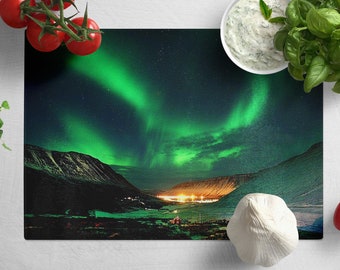 Planche à découper en verre trempé Aurora Borealis, décoration de cuisine esthétique