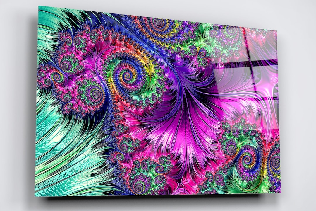 Abstract Art Acrylic Glass Wall Art, Large High Gloss Boho Home Decor Fractal Wall Art, Ready to