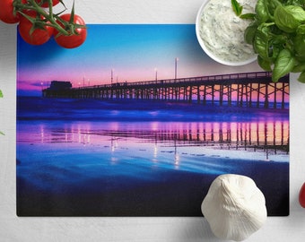 Newport Beach Pier Tempered Glass Cutting Board, Seascape Kitchen Decor