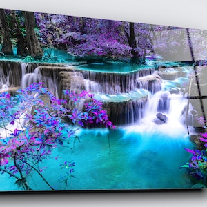 Thailand Forest Waterfall Acrylic Glass Wall Art, High Gloss Landscape Home Decor Nature Wall Art, Ready To Hang Waterfall Print On Glass.