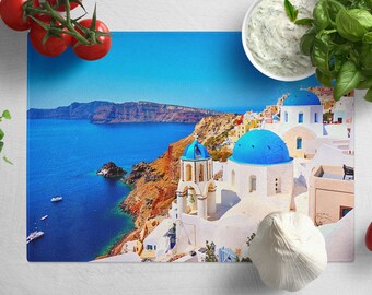 Santorini Tempered Glass Cutting Board, Aesthetic Kitchen Decor