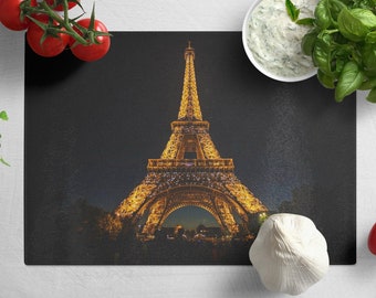 Paris Skyline Tempered Glass Chopping Board, Eiffel Tower Cityscape Placemat Aesthetic Kitchen Decor, Glass Cutting Board Housewarming Gift.