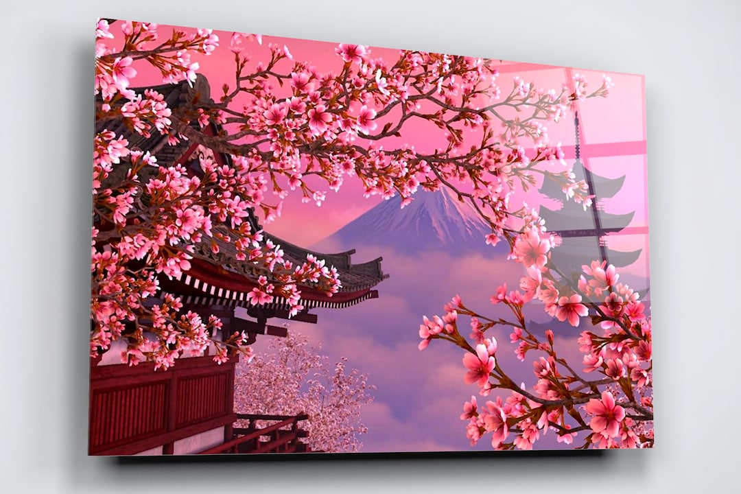 Cherry Blossom Mount Fuji Acrylic Glass Wall Art: Japan Floral