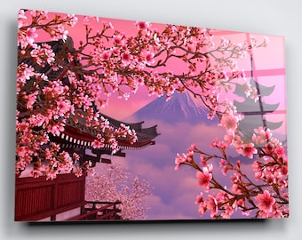 Cherry Blossom Mount Fuji Acrylic Glass Wall Art: Japan Floral