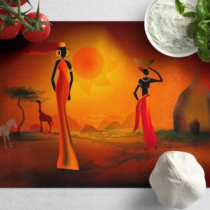 African Art Tempered Glass Chopping Board, African Placemat Aesthetic Kitchen Decor, Glass Cutting Board Housewarming Gift For Him And Her.
