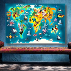 Kids World Map Print: Animal World Atlas, Nursery Wall Art