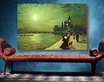 May include: A vintage-style print of a nighttime cityscape featuring a river, bridge, and illuminated buildings. The artwork is displayed above a red chaise lounge with ornate detailing, set against a blue wall and checkered floor.