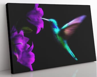 Kolibri und Blumen Leinwanddruck, gerahmte Wandkunst