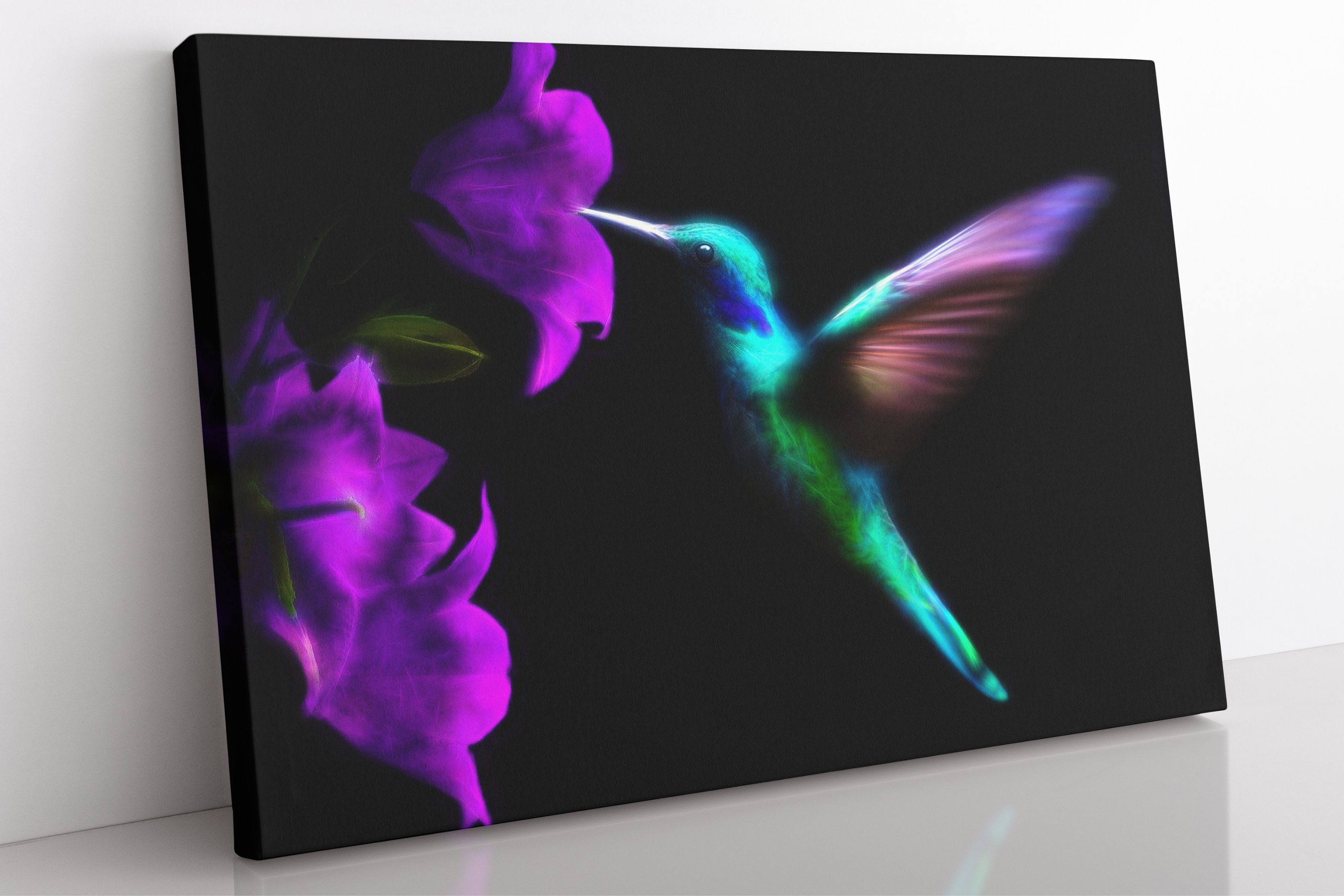 Stampa artistica da parete su tela con colibrì e fiori in fiore