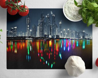 Planche à découper en verre trempé Dubai Skyline, décoration de cuisine esthétique