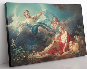 Op de afbeelding: Een schilderij dat een scène met drie figuren voorstelt. Een vrouw in een blauwe jurk zweeft in de wolken, terwijl een man in een rode mantel op de grond zit met een schaap naast hem. Een gevleugelde cherub vliegt boven de man. Het schilderij is geschilderd tegen een achtergrond van een blauwe lucht met wolken.