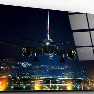 Aircraft Night Flight Acrylic Glass Wall Art, High Gloss Airplane Home Decor Wall Art, Ready To Hang Aeroplane Print On Glass.