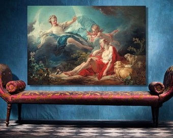 Op de afbeelding: Een schilderij dat een scène uit de Griekse mythologie voorstelt. Een vrouw in een blauwe jurk zweeft in de wolken boven een man in een rode mantel. De man zit op de grond met een herdershond aan zijn voeten. Een cherub met vleugels vliegt boven de man.