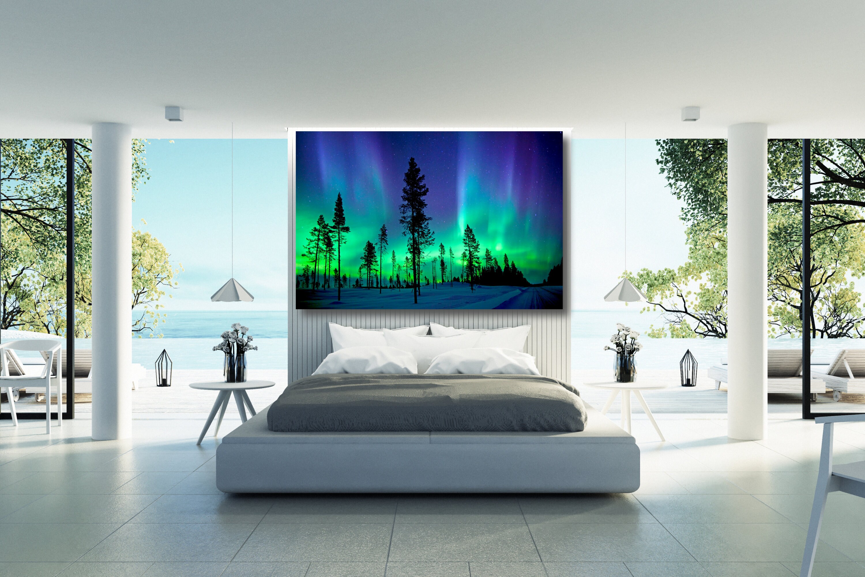 Wandbild-Set 'Mitternachtsgebirge' – Abstrakter Wald & Blumenfeld, Gerahmt, 40,6x61 Cm