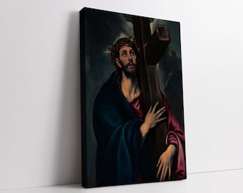 Op de afbeelding: Een schilderij van een man die een doornenkroon en een rood-blauwe robe draagt, een houten kruis draagt. De achtergrond is donker en stormachtig.