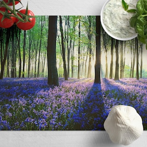 Bluebell Forest Tempered Glass Chopping Board, Nature Landscape Glass Placemat Aesthetic Kitchen Decor, Glass Cutting Board Gift.