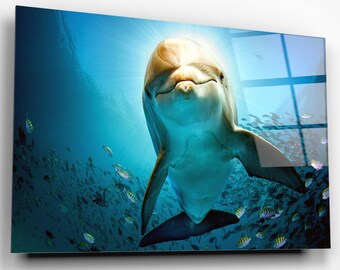 Dolphin Acrylic Glass Wall Art, Large High Gloss Home Decor Sealife Wall Art, Ready To Hang Modern Art Dolphin Print On Glass.