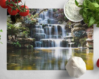 Peut inclure: Une planche à découper en verre avec une image panoramique d'une cascade descendant des rochers recouverts de mousse dans un bassin d'eau calme. L'image est entourée d'une bordure blanche.