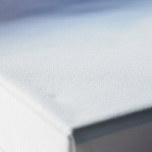 May include: Close-up of a white canvas surface with a fine, even texture. The canvas is stretched tightly over a frame, creating a smooth, flat surface.