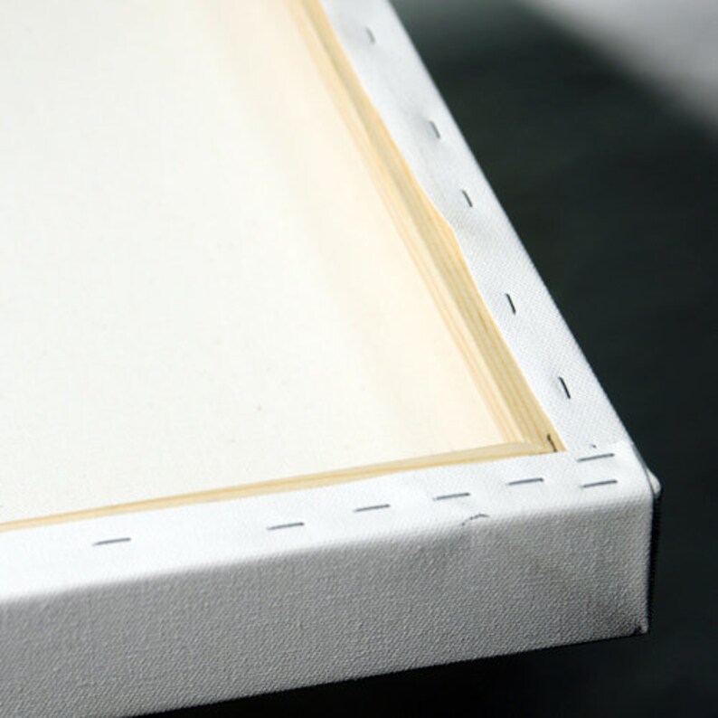 May include: Close-up of the edge of a white canvas stretched over a wooden frame. The canvas is secured with staples.