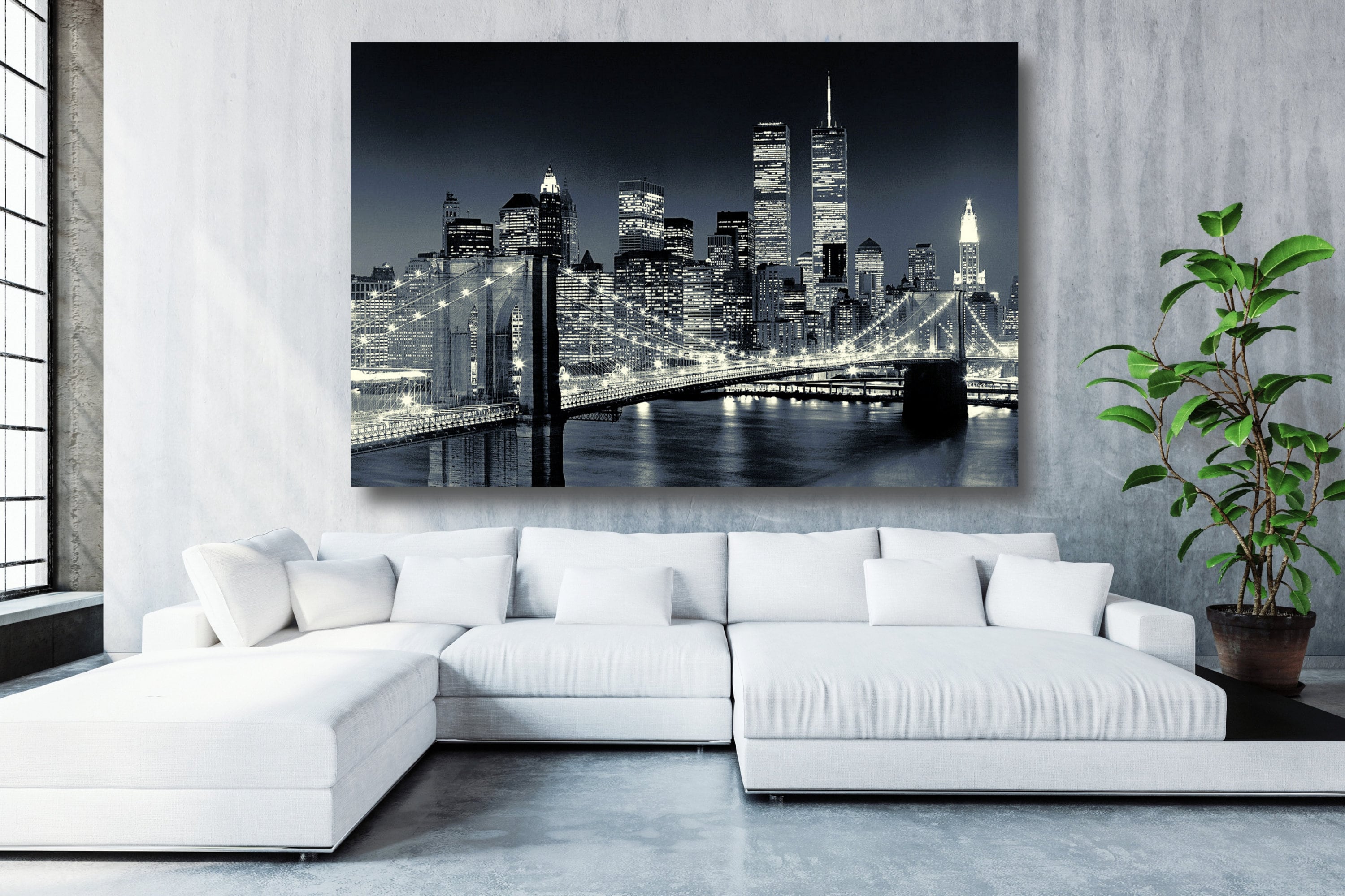 Tableau Sur Verre Brooklyn Bridge La Nuit - 125x70cm, Impression Moderne, Déco Murale