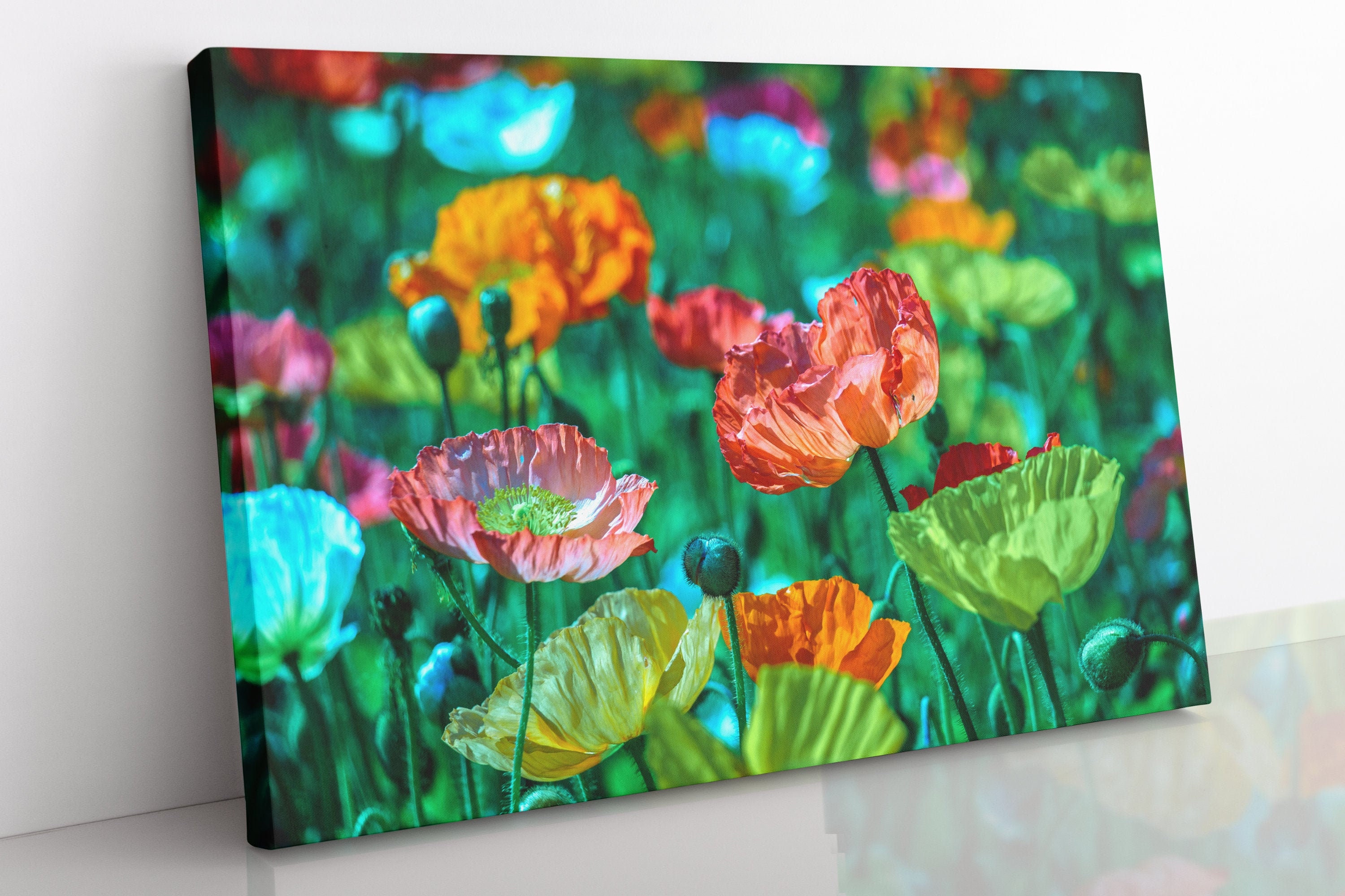 Colourful Poppy Field Canvas Wall Art, Large Framed Floral Print Home Decor Wall Art, Aesthetic Home Decor For Office, Bedroom Wall Art