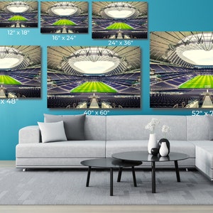 May include: A collage of different sized images showing a large stadium with a green field and purple seats. The images are labelled with their dimensions in inches.
