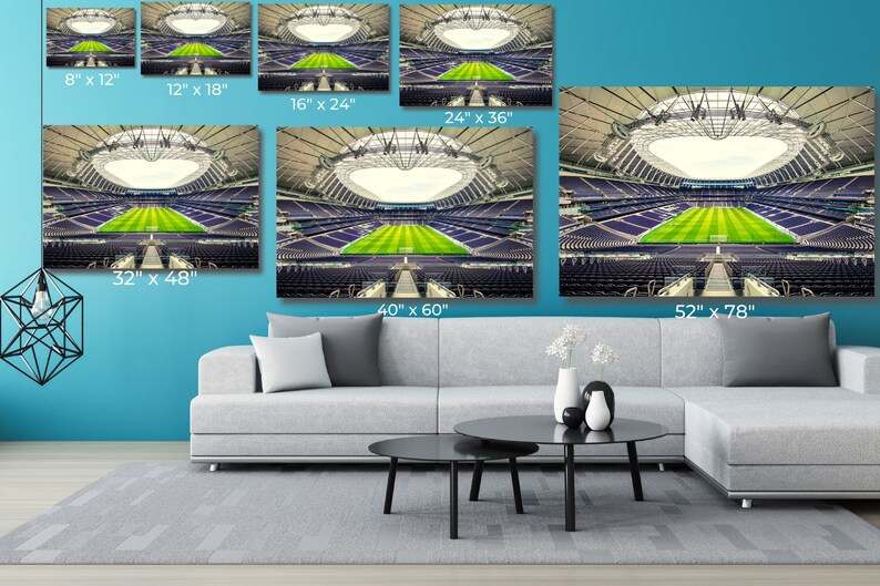 May include: A collage of different sized images showing a large stadium with a green field and purple seats. The images are labelled with their dimensions in inches.