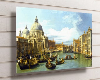 Op de afbeelding: Een schilderij dat een kanaal in Venetië, Italië, toont. De Basilica di San Giorgio Maggiore is zichtbaar op de achtergrond. Gondels en andere boten bevinden zich op het water.
