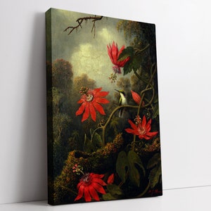 Martin Johnson Heade - Hummingbird And Passionflowers Canvas Wall Art, Framed Home Decor Wall Art, Fine Art Print, Classical Art Print.