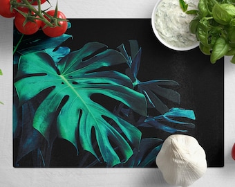 Planche à découper Monstera en verre trempé : décoration de cuisine tropicale