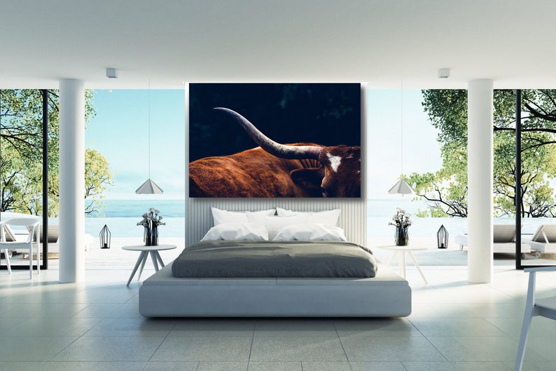 May include: A close-up of a brown and white longhorn steer with large horns. The steer is in a dark setting with a blurred background. The image is framed and hanging above a bed in a modern bedroom.