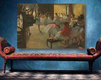 May include: A painting depicting a ballet class in a studio. The dancers are wearing white tutus and are practicing their moves. The painting is set in a room with a wooden floor and a large window. There are several dancers in the background, and a piano in the corner of the room.