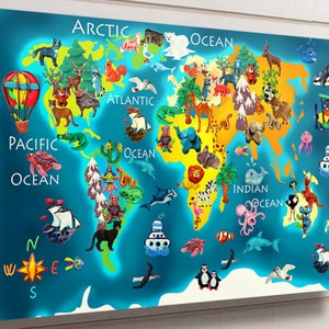 Weltkarte für Kinder Aluminium Wandkunst, Wasserfeste Metall Karte der Welt Druck Home Decor Wandkunst, fertig zum Aufhängen Welt atlas.
